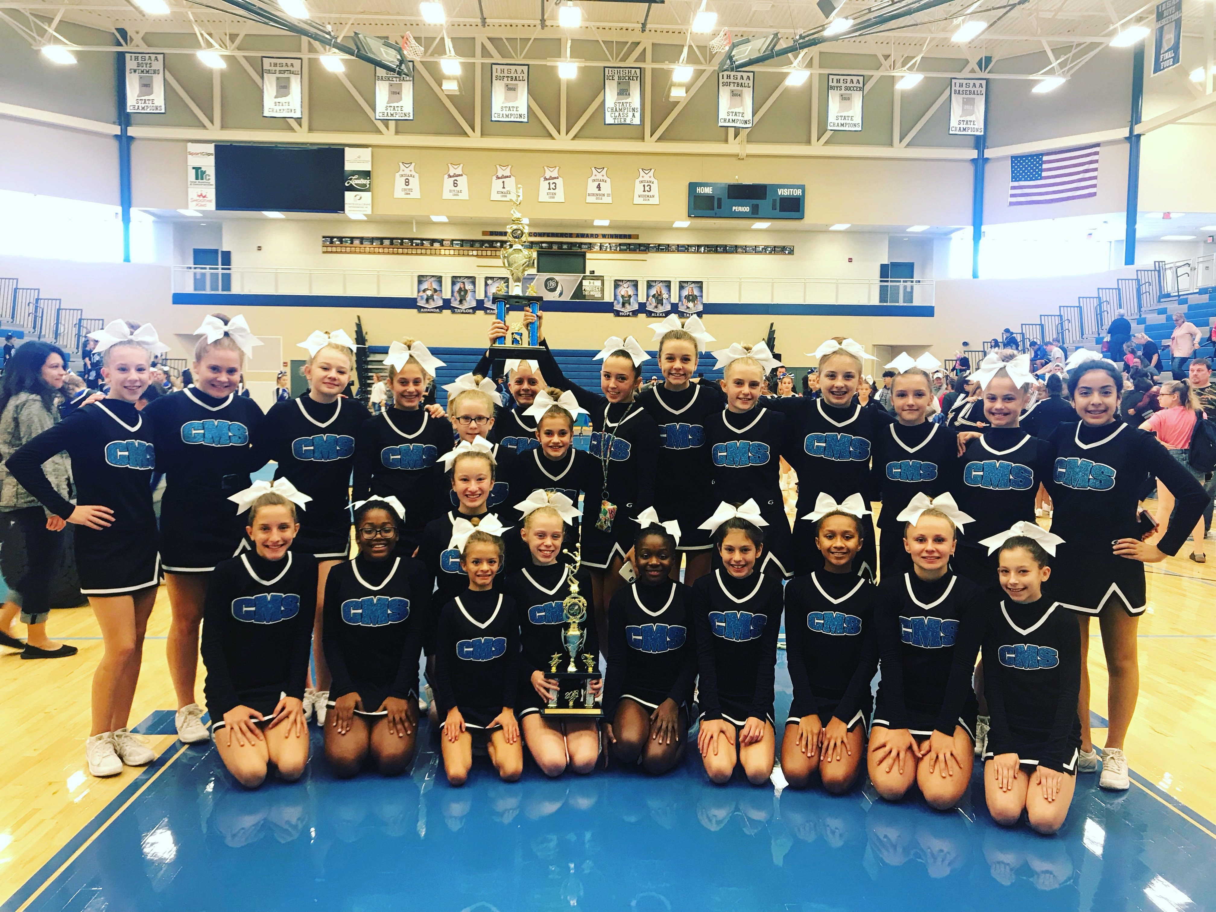 Clark_Gymnastics Congratulating the Clark cheer team on their First Place in the Time Out Division, and 3rd place in the Junior High Division at the Lake Central Competition on Saturday Sept 22nd.