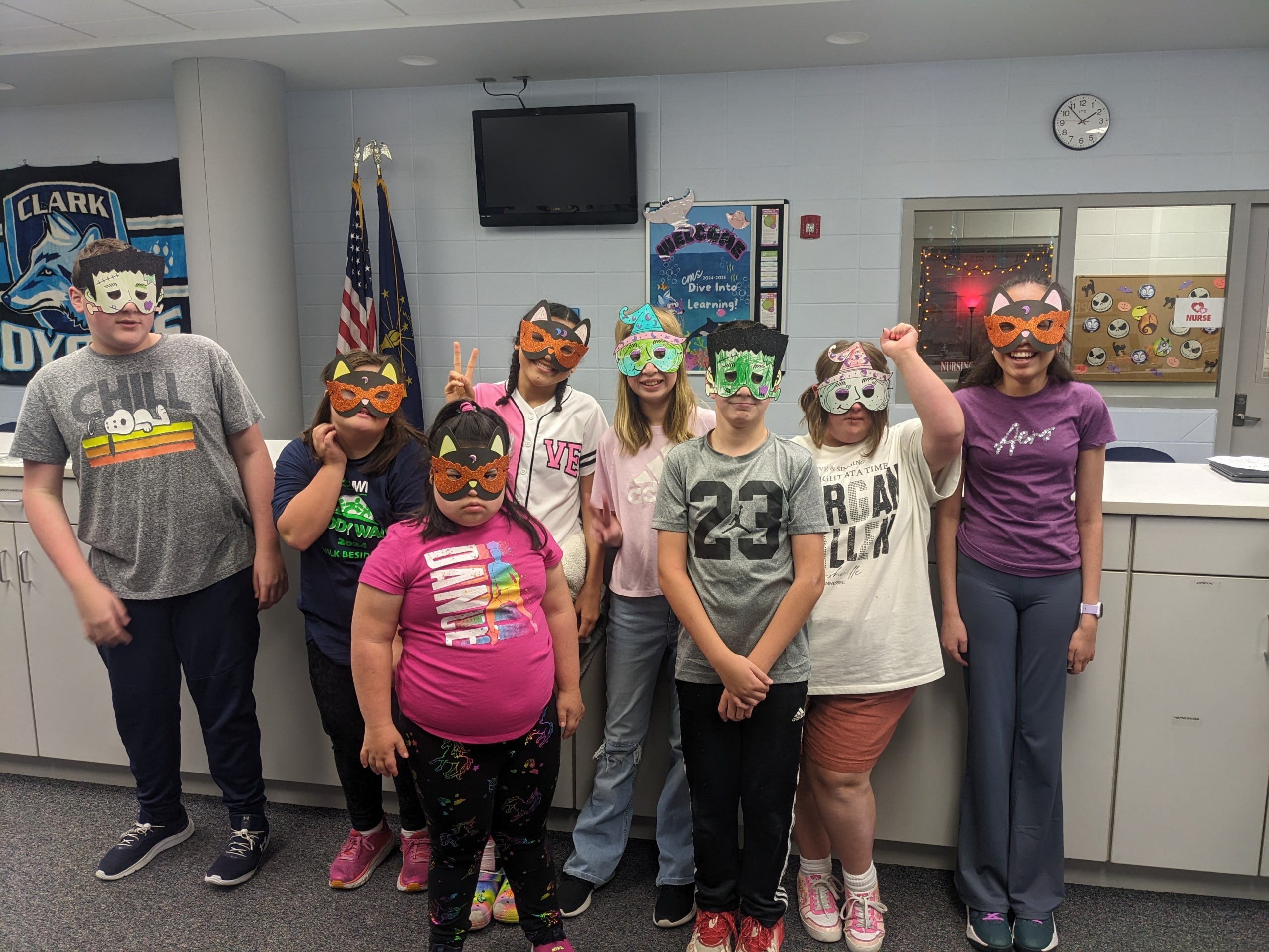 Clark's Applied Skills classes were treated to some Halloween mask making. Librarian, Mrs. Genovese, went all out to make sure everyone looked extra spooky this year!