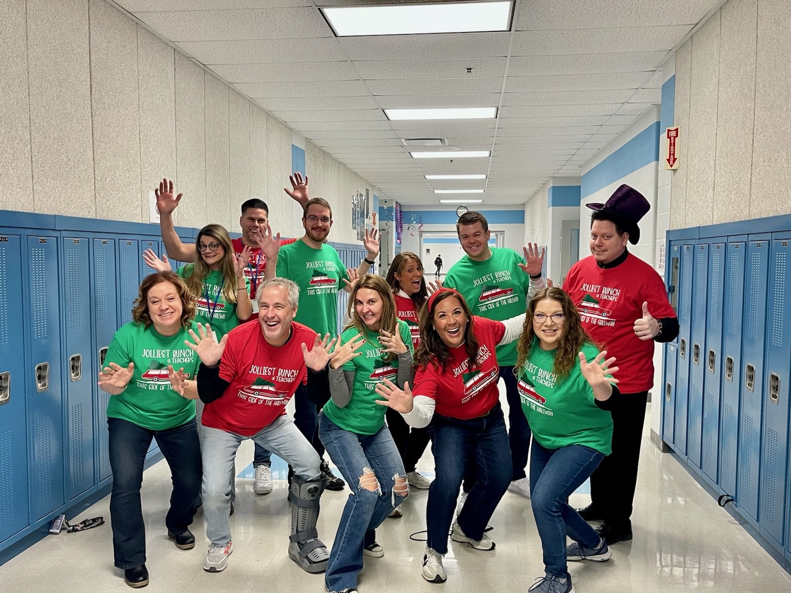 The Clark 8th grade hallway is looking festive in their matching shirts. 'The jolliest bunch of teachers this side of the hallway' is definitely true for this group!