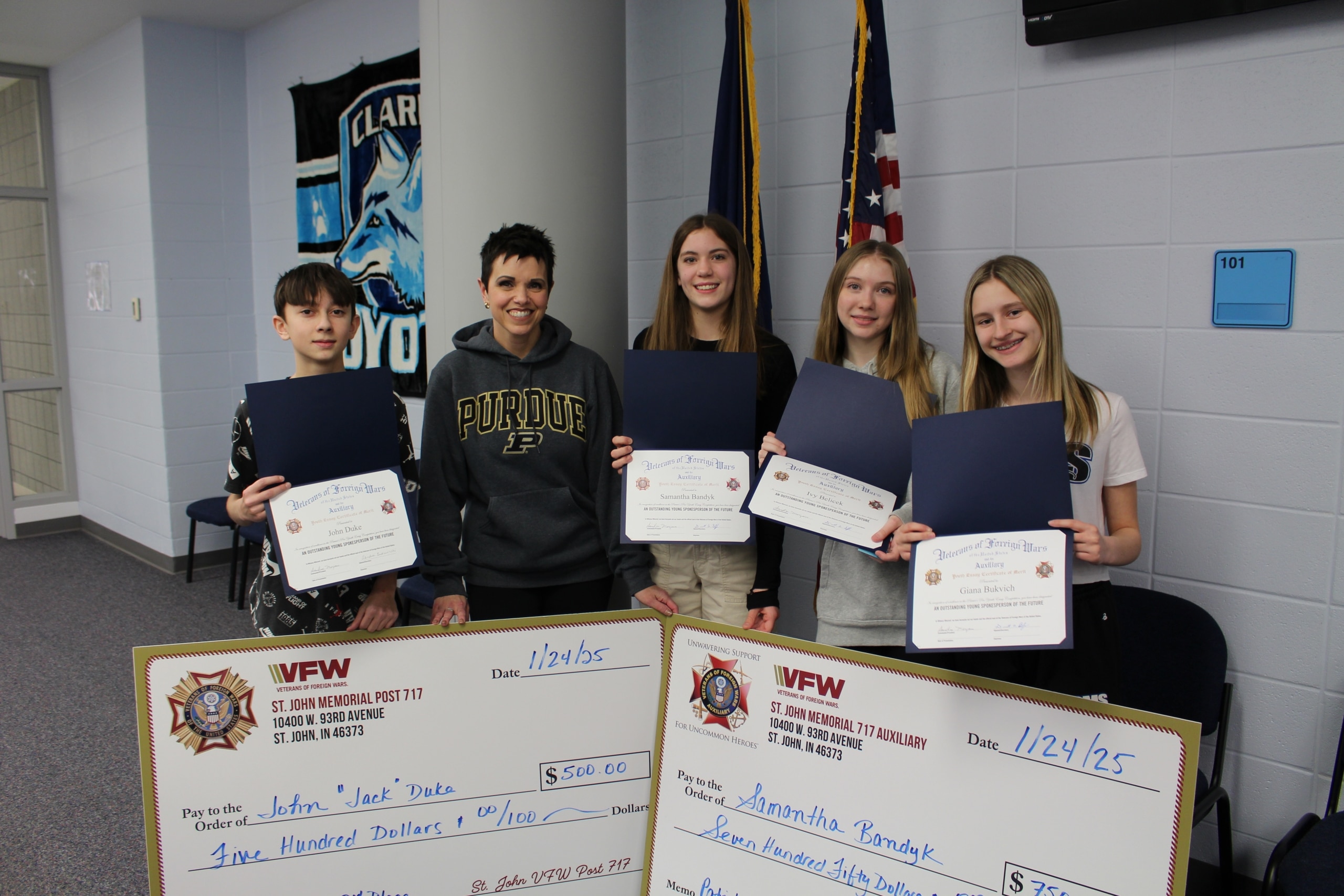 Congratulations to these amazing Clark students for ranking in the top ten in the annual Patriot's Pen essay contest. Samantha Bandyk came in first place out of over 100 students. We are proud to be a part of the VFW's contest and proud of these Coyotes!